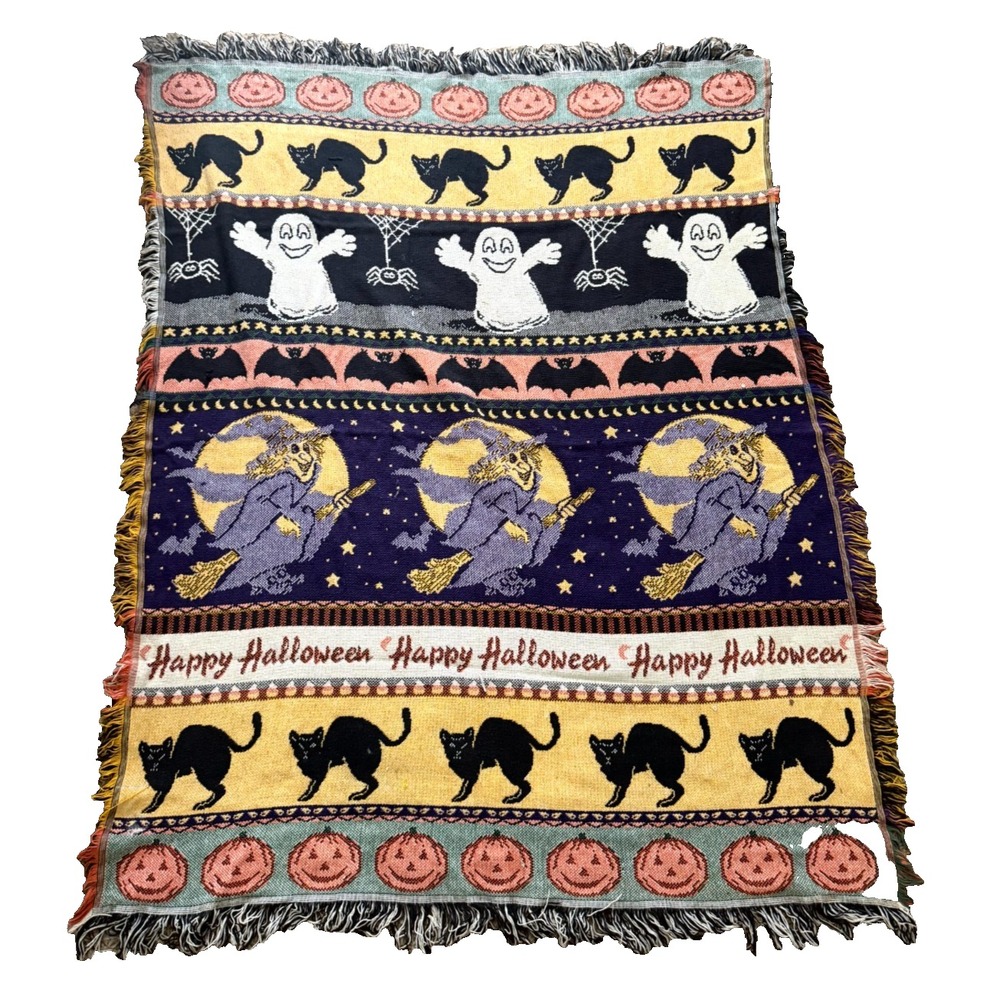Vintage Crown Crafts Witch Cat Made USA Halloween Woven Tapestry Throw Blanket